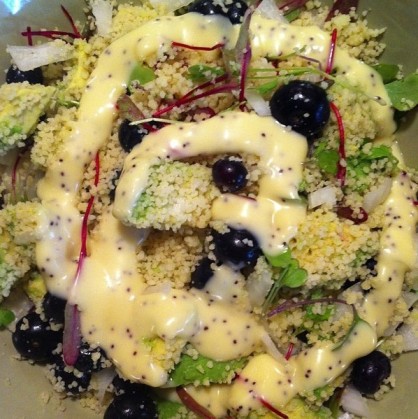 Couscous, avocado, blueberries & microgreen salad with poppy seeds vinaigrette.